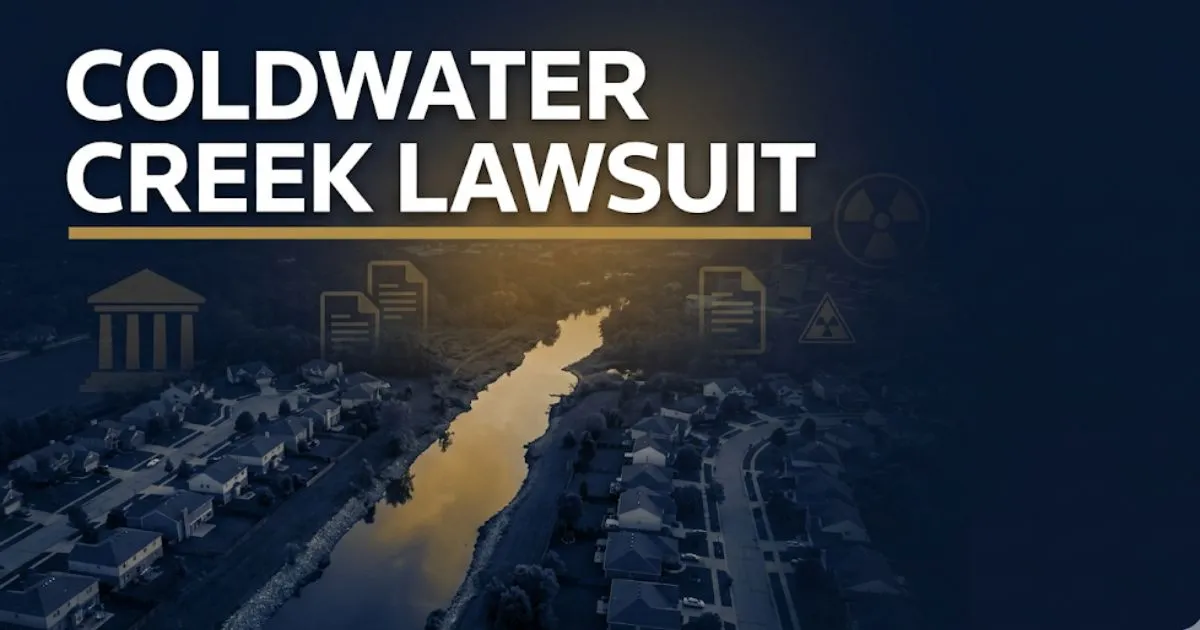 Coldwater Creek Lawsuit guide banner showing contaminated waterway and legal symbols for St. Louis nuclear contamination victims