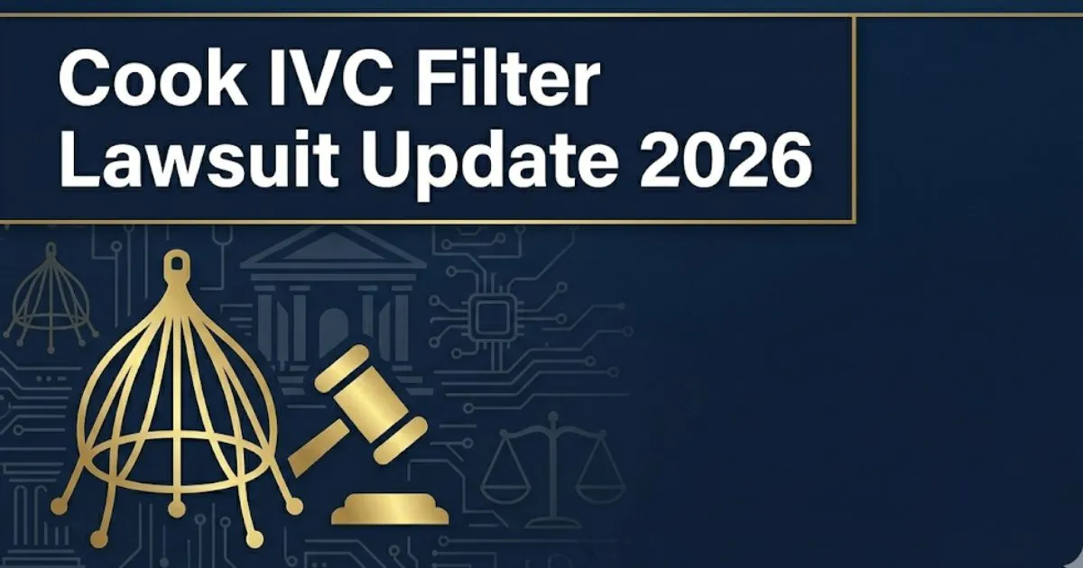 Cook IVC filter lawsuit update 2026 banner with legal gavel and medical device illustration