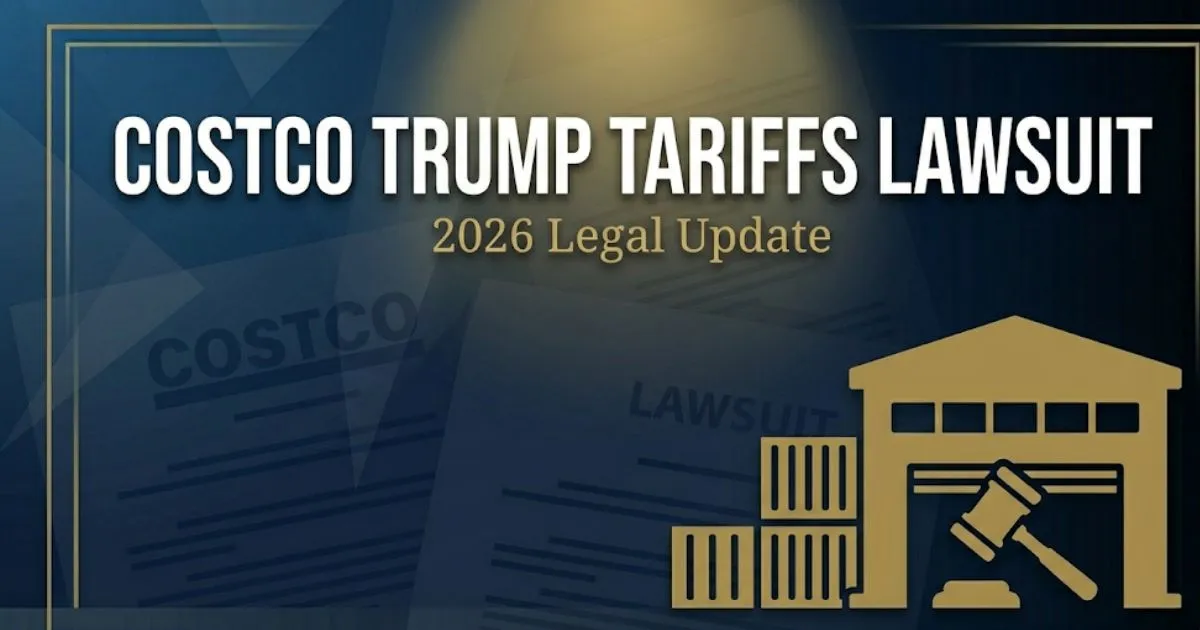 Costco Trump tariffs lawsuit 2026 blog banner with legal gavel icon and warehouse silhouette on navy background
