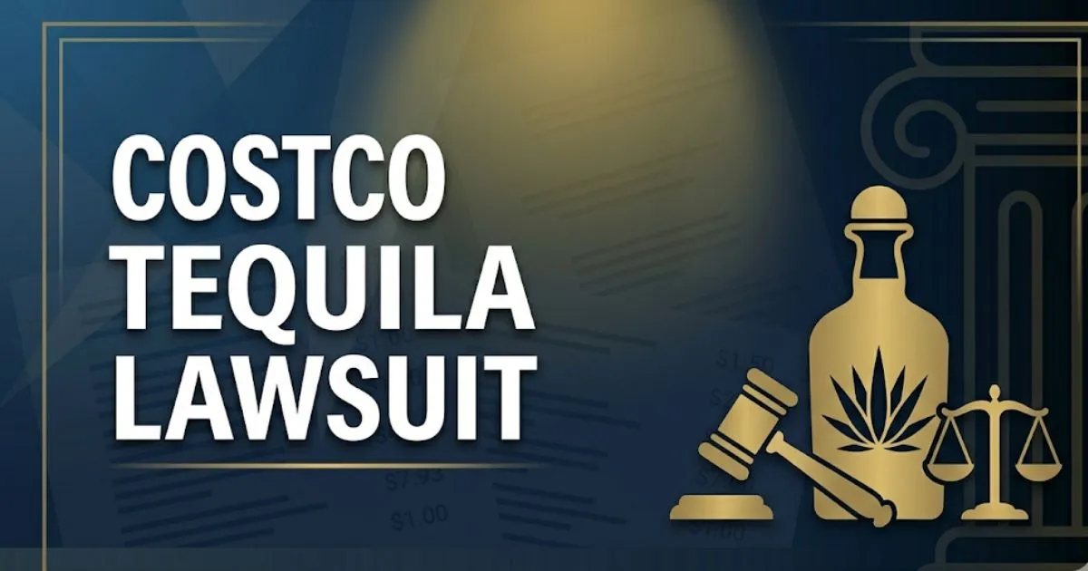 Costco tequila lawsuit 2026 editorial banner with legal icons and bold headline text on navy background