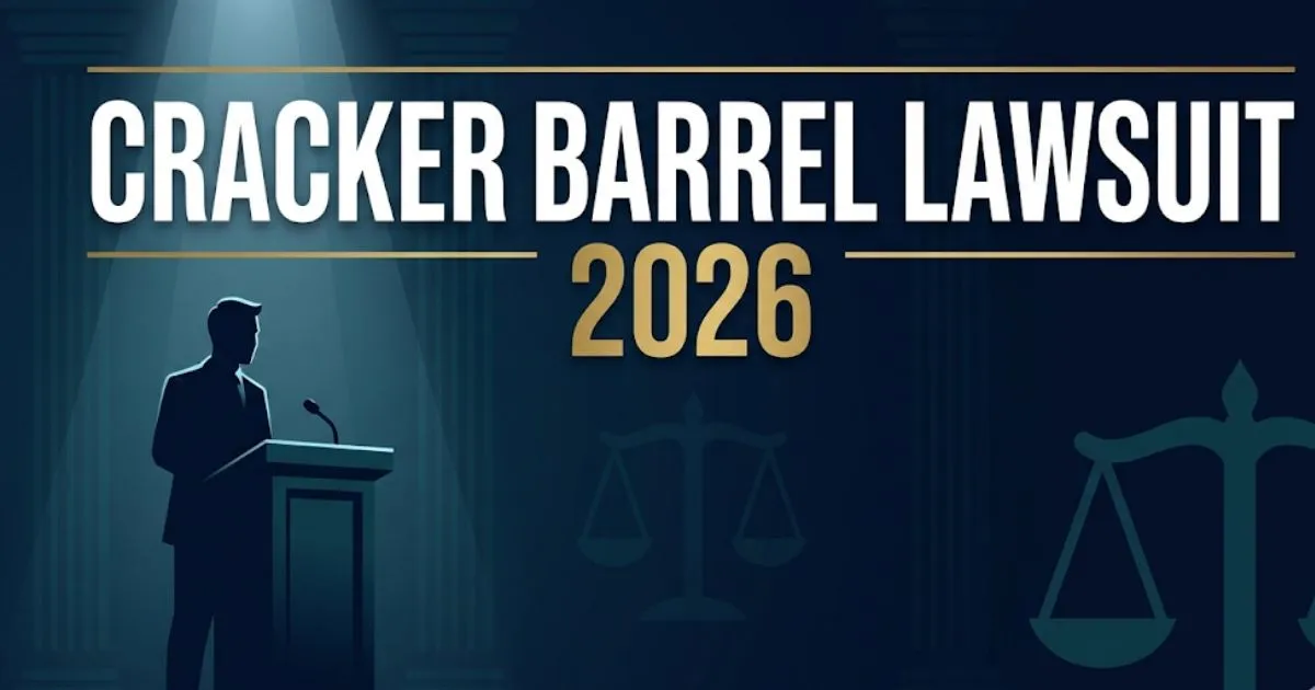 Cracker Barrel lawsuit 2026 editorial banner showing courthouse silhouette, legal scales, and bold headline text on navy background