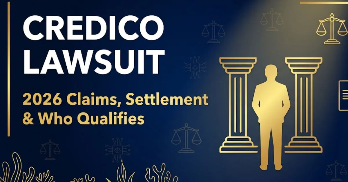 Credico lawsuit 2026 hero banner showing legal scales, courthouse silhouette, and bold title text on navy background