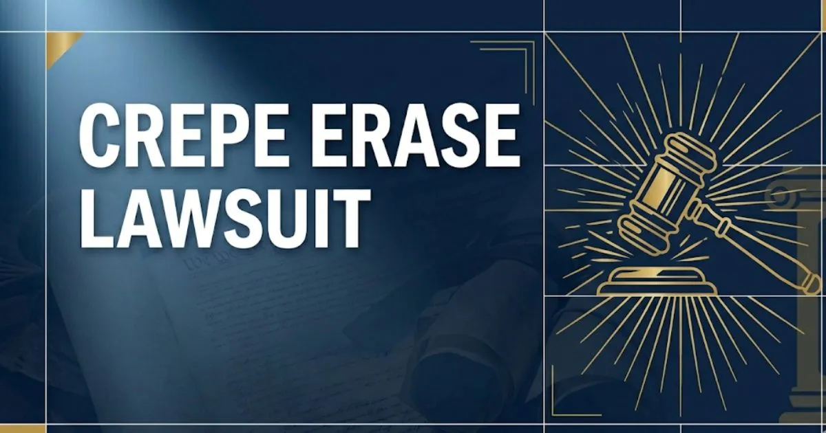 Crepe Erase lawsuit 2026 legal banner showing gavel and bold headline text on navy background