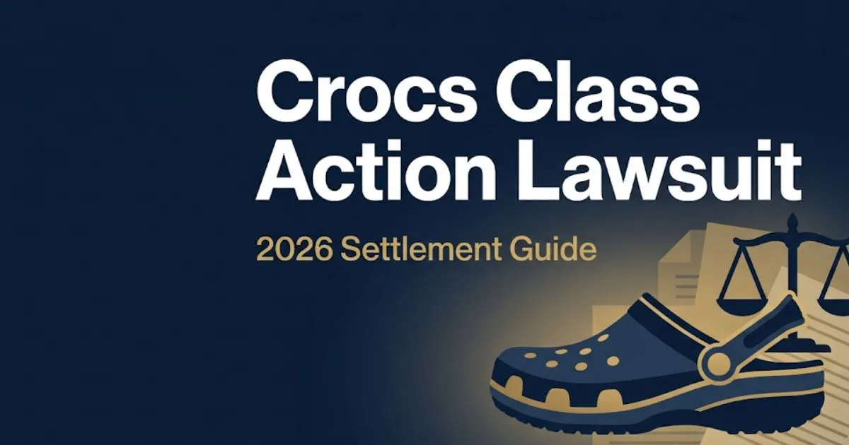 Crocs class action lawsuit 2026 settlement guide banner with legal scale icons and foam clog silhouette on navy background