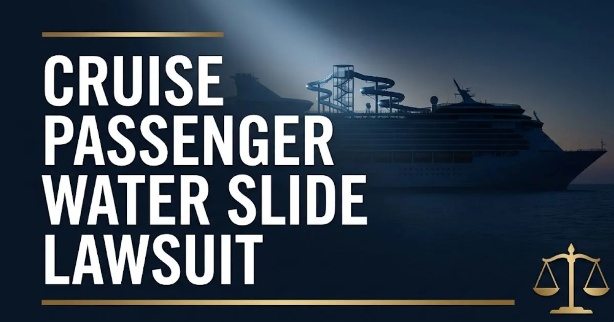 Cruise passenger water slide lawsuit 2026 legal guide banner with maritime law scales and cruise ship silhouette