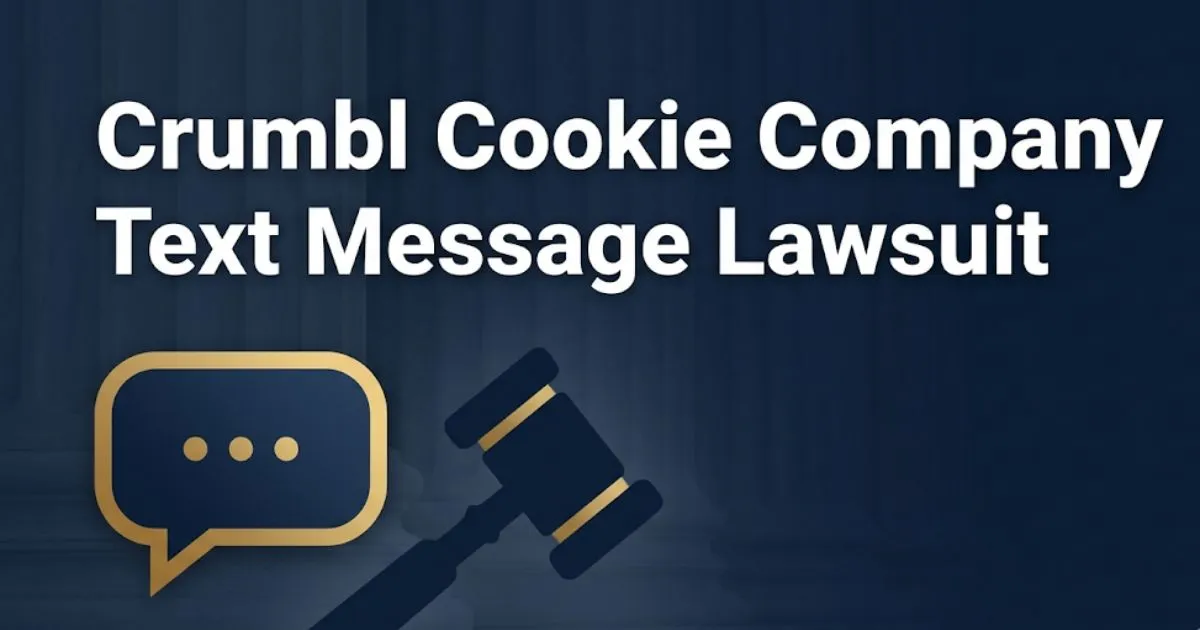 Crumbl cookie company text message lawsuit 2026 legal guide banner with gavel and text message icons on navy background