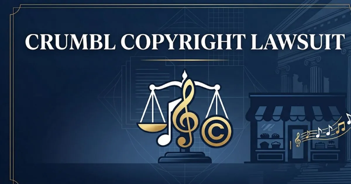Crumbl copyright lawsuit 2026 legal case banner with music and law symbols