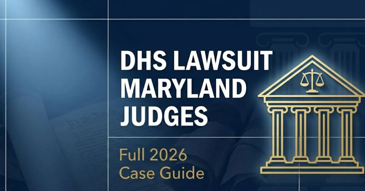 DHS lawsuit Maryland judges 2026 case guide banner with courthouse silhouette and scales of justice in navy and gold