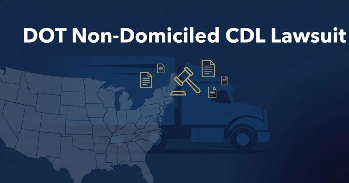 DOT non-domiciled CDL lawsuit 2026 legal guide banner with truck silhouette and gavel icon INPUT MAIN KEYWORD {{dot non-domiciled cdl lawsuit}} CLUSTER KEYWORDS {{paste cluster keywords, sep