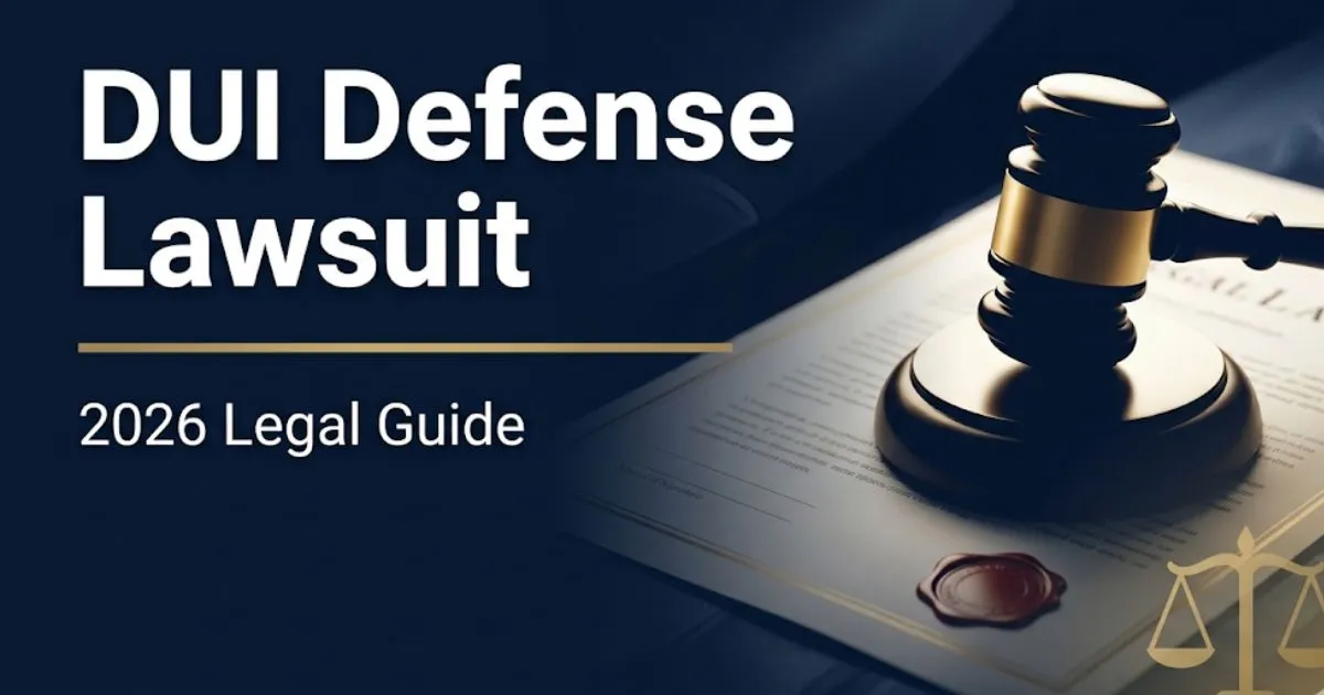 DUI defense lawsuit 2026 legal guide hero banner with gavel and scales of justice on navy background