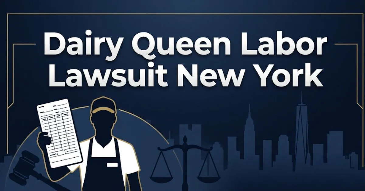 Dairy Queen labor lawsuit New York banner with legal scales and worker silhouette in navy and gold