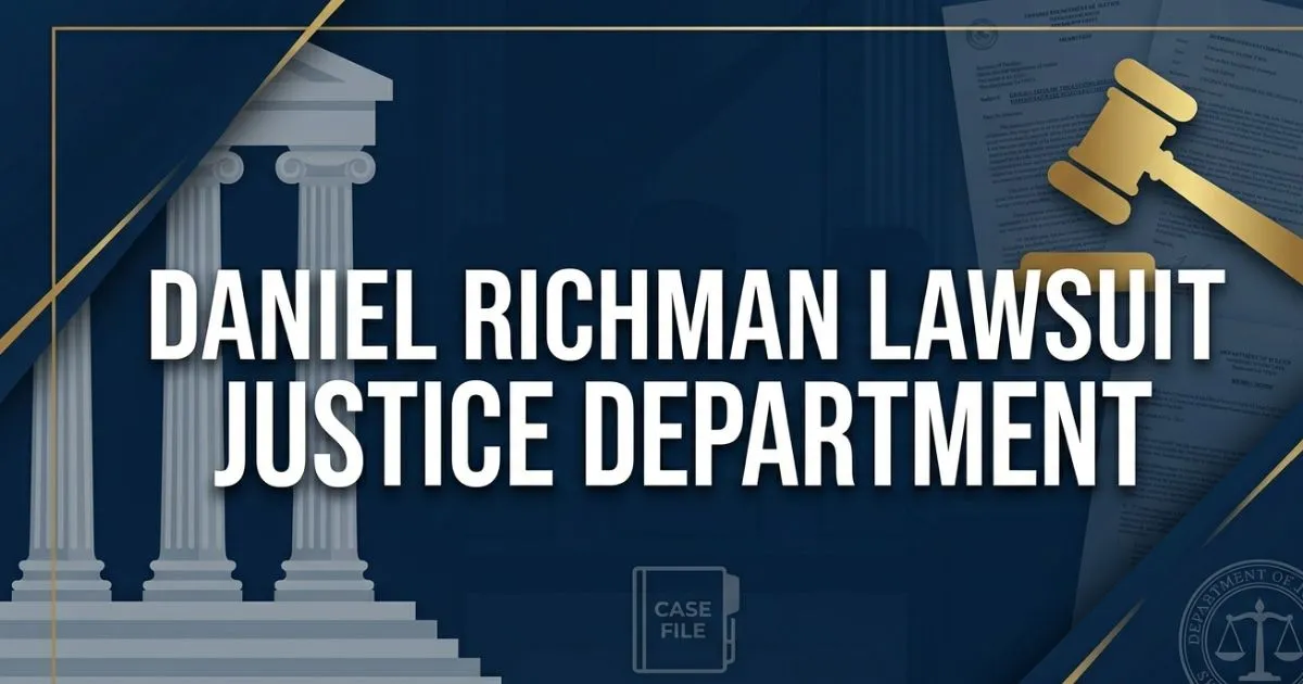 Daniel Richman Lawsuit Justice Department banner with DOJ building silhouette and legal symbols