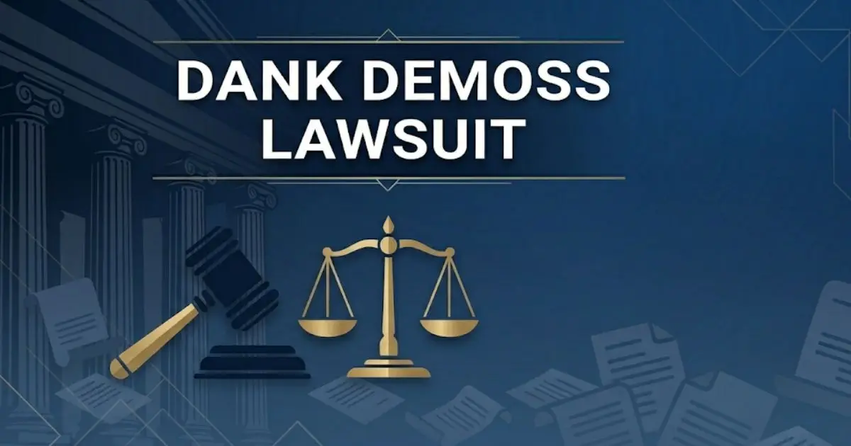 Dank Demoss lawsuit legal blog banner with courtroom imagery and gavel silhouette in navy and gold