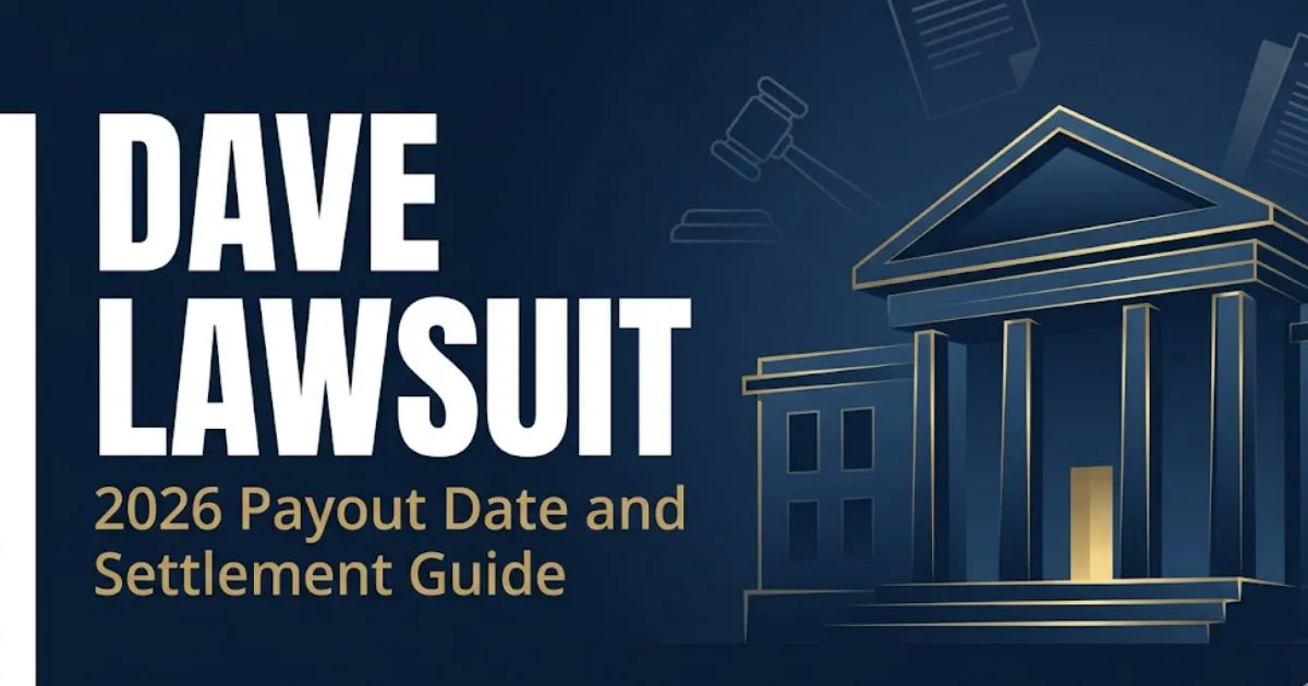 Dave Lawsuit 2026 hero banner with settlement payout date guide and courthouse silhouette on navy background