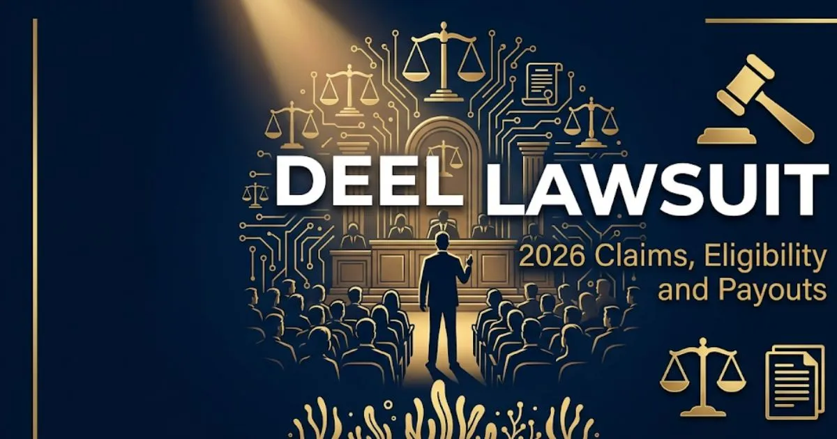 Deel lawsuit 2026 legal guide banner showing gavel and scales of justice on navy background