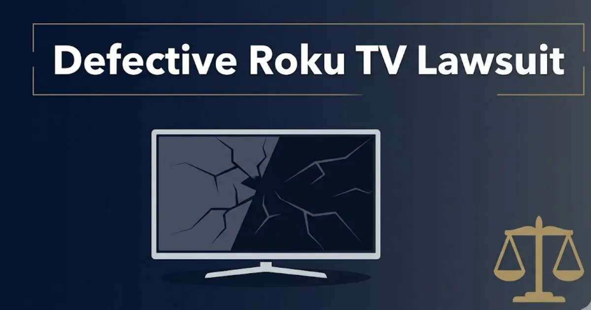 Defective Roku TV lawsuit 2026 legal guide banner showing broken TV icon and bold headline text on navy background