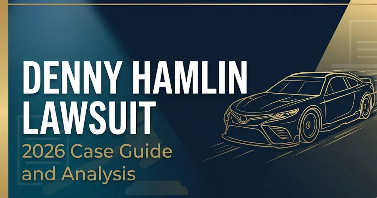 Denny Hamlin Lawsuit 2026 editorial banner with race car silhouette and legal symbols on navy background