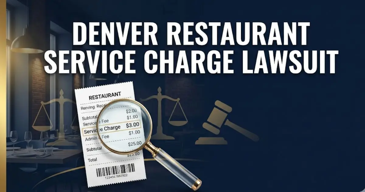 Denver restaurant service charge lawsuit guide banner with receipt and legal symbols