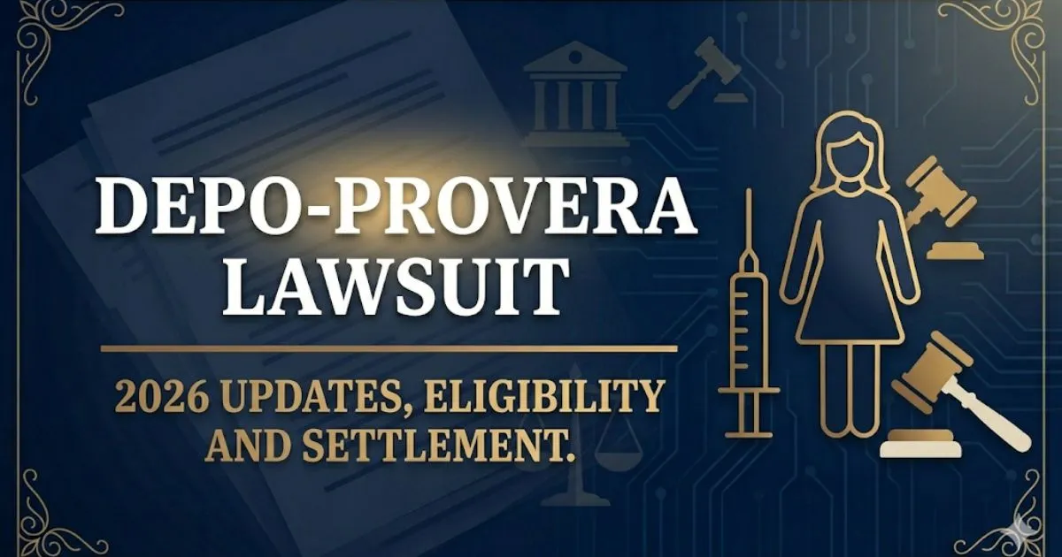 Depo-Provera lawsuit 2026 banner showing legal gavel and syringe silhouette on dark navy background