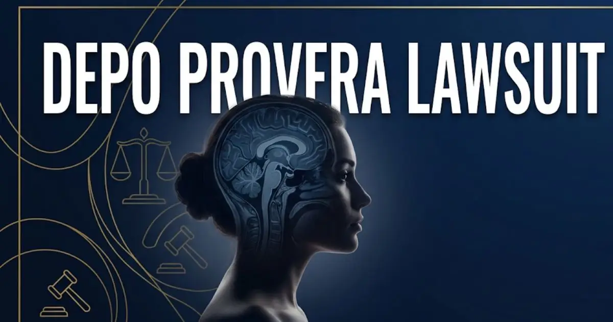 Depo Provera lawsuit banner showing brain scan silhouette with legal symbols on navy background