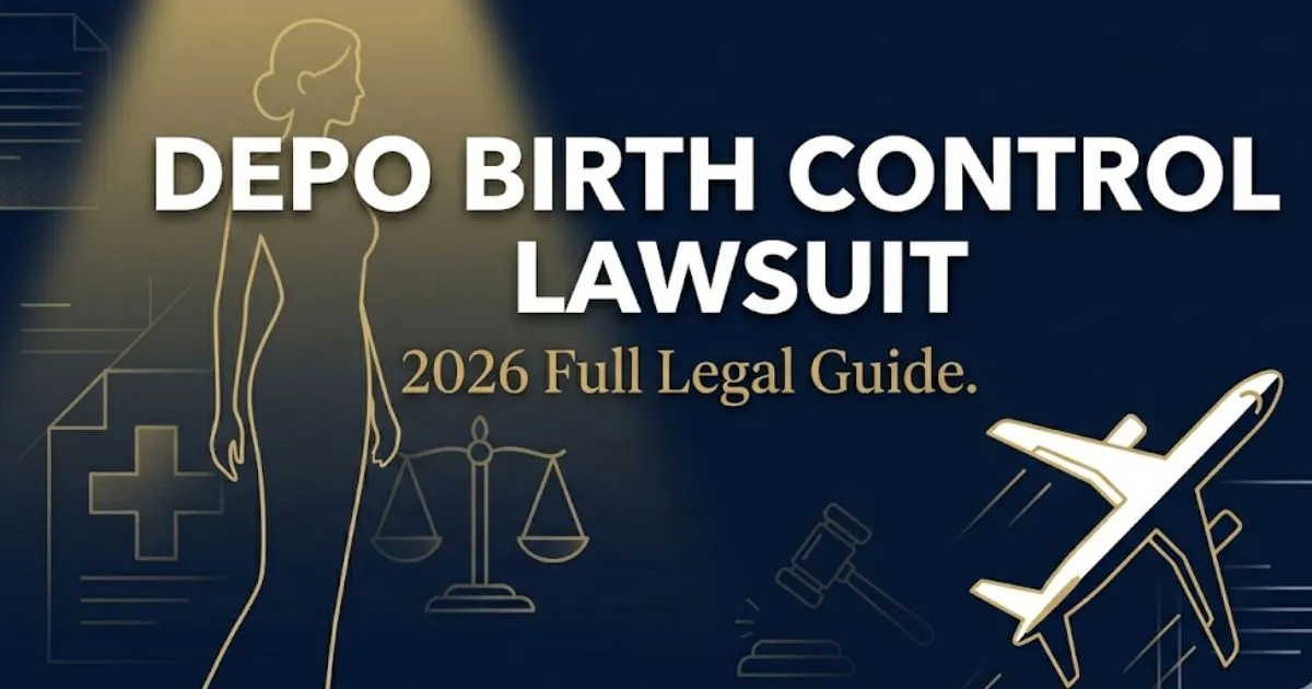 Depo birth control lawsuit 2026 legal banner showing female silhouette and scale of justice icons on navy background