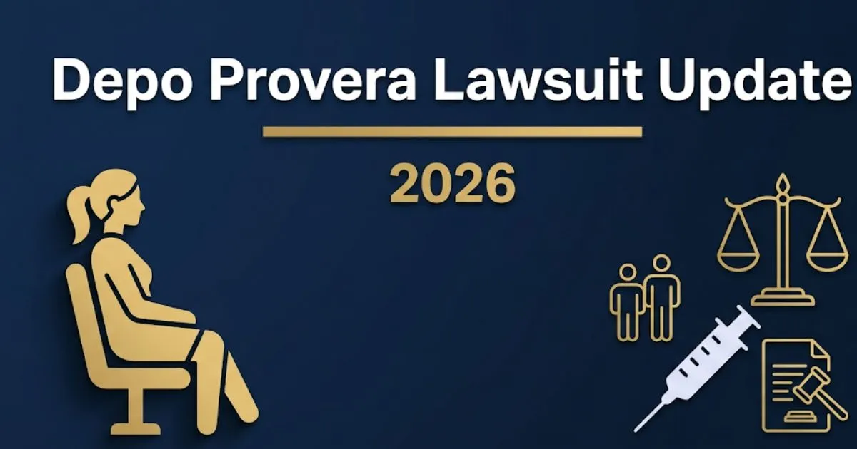 Depo provera lawsuit update 2026 blog banner with legal symbols, justice scale, and bold headline text on navy background