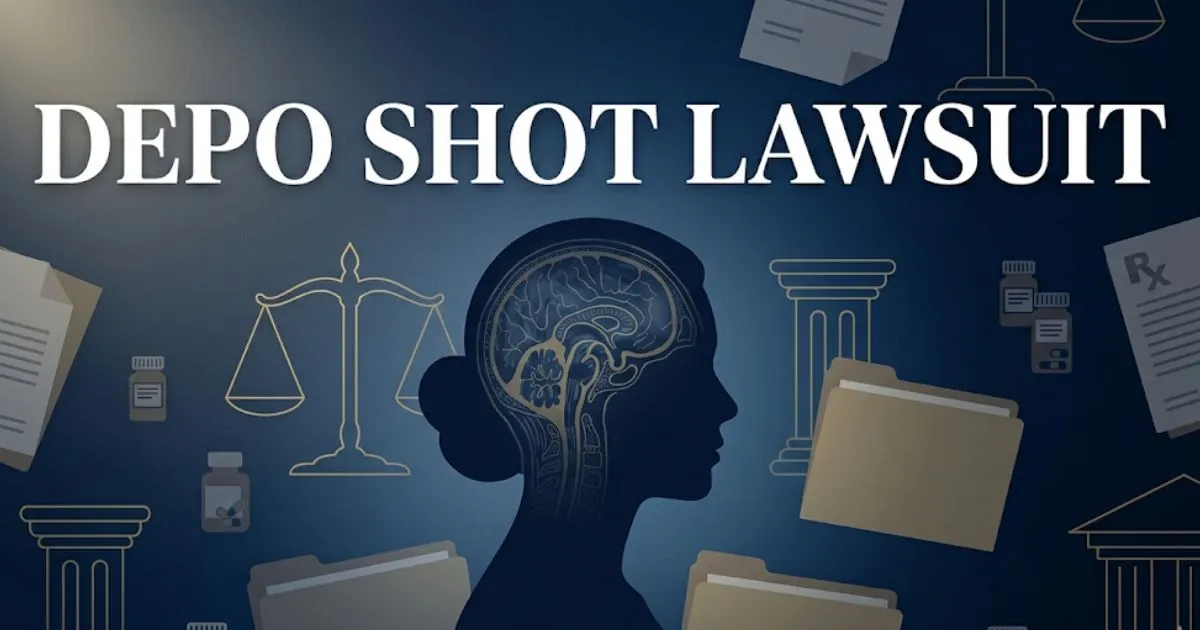 Depo shot lawsuit 2026 banner with brain scan imagery and legal symbols on navy background