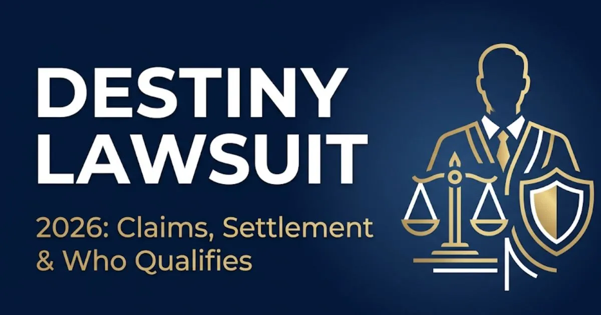 Destiny lawsuit 2026 banner showing legal claims, settlement details, and eligibility information for Destiny 2 players
