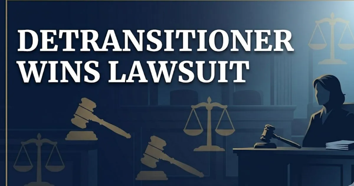 Detransitioner wins lawsuit hero banner with legal scales and courtroom silhouette on deep navy background