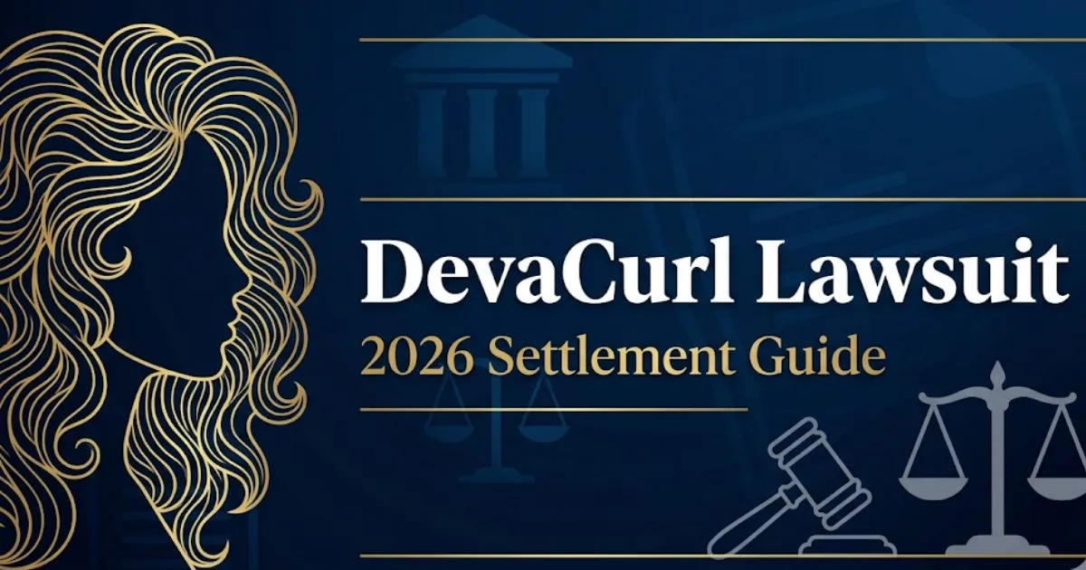 DevaCurl lawsuit 2026 settlement guide banner with legal symbols and curly hair silhouette