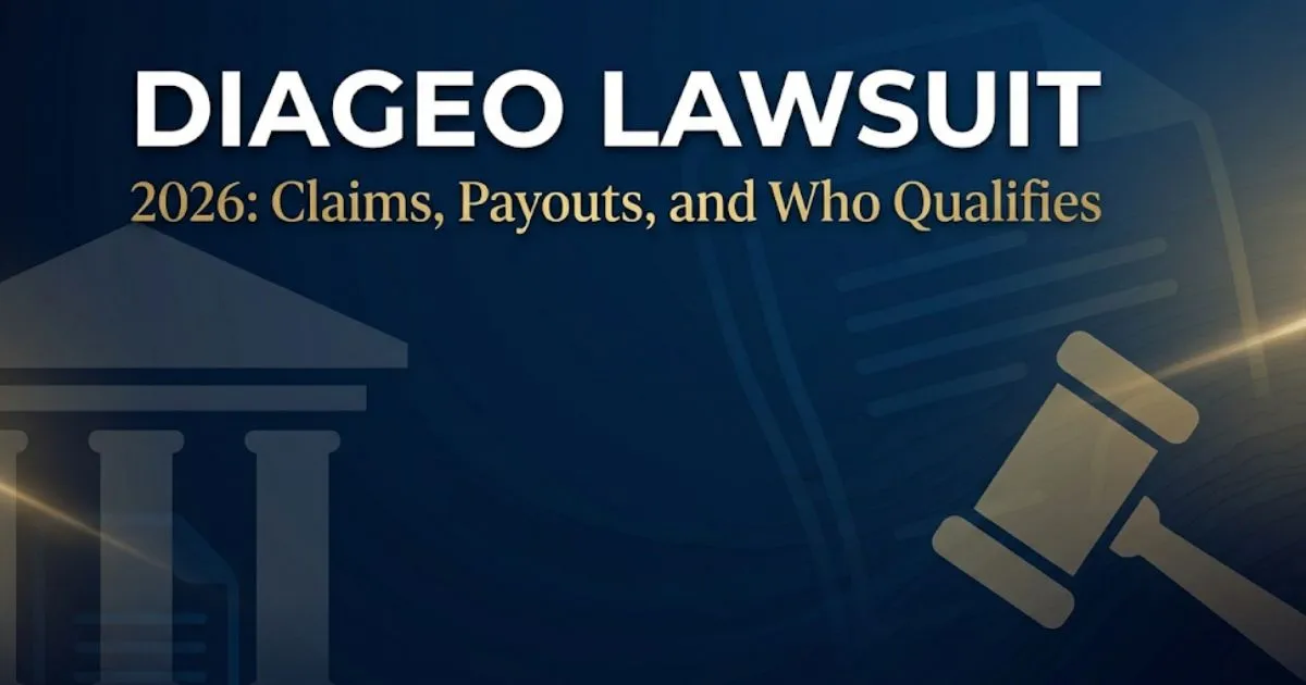 Diageo lawsuit 2026 blog banner showing legal icons, courthouse silhouette, and bold headline text on navy background