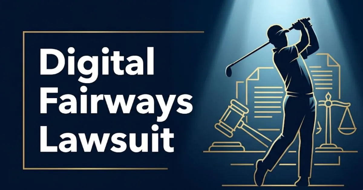 Digital Fairways Lawsuit 2026 settlement guide banner with legal icons and golf silhouette on navy background