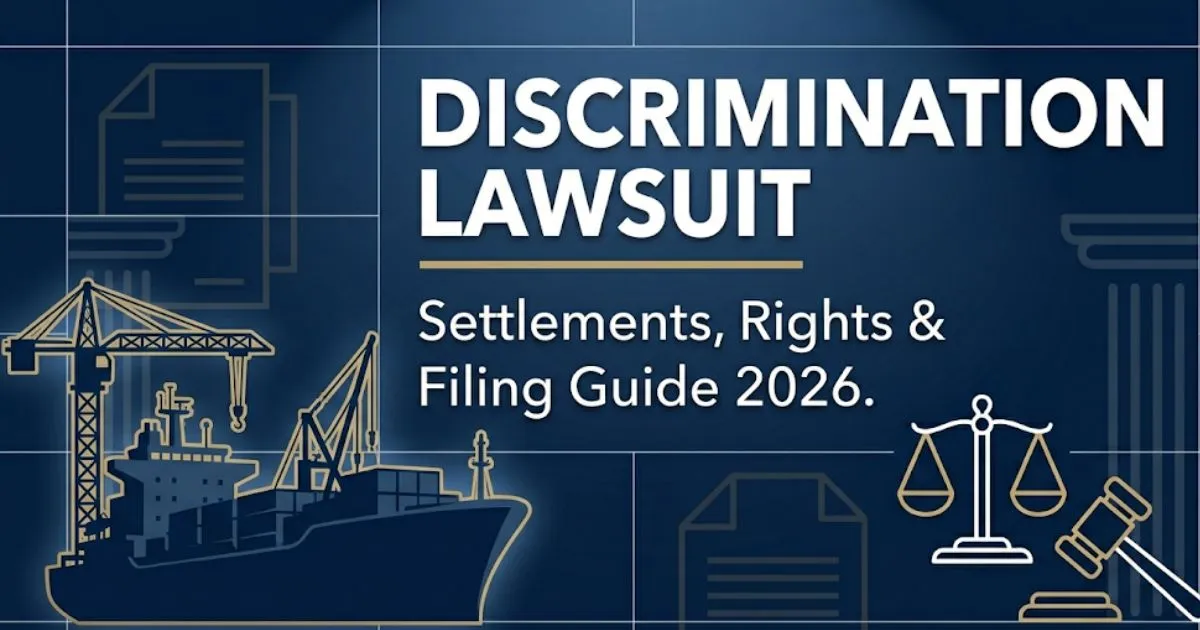 Discrimination lawsuit guide 2026 banner with scales of justice silhouette and bold headline text on navy background