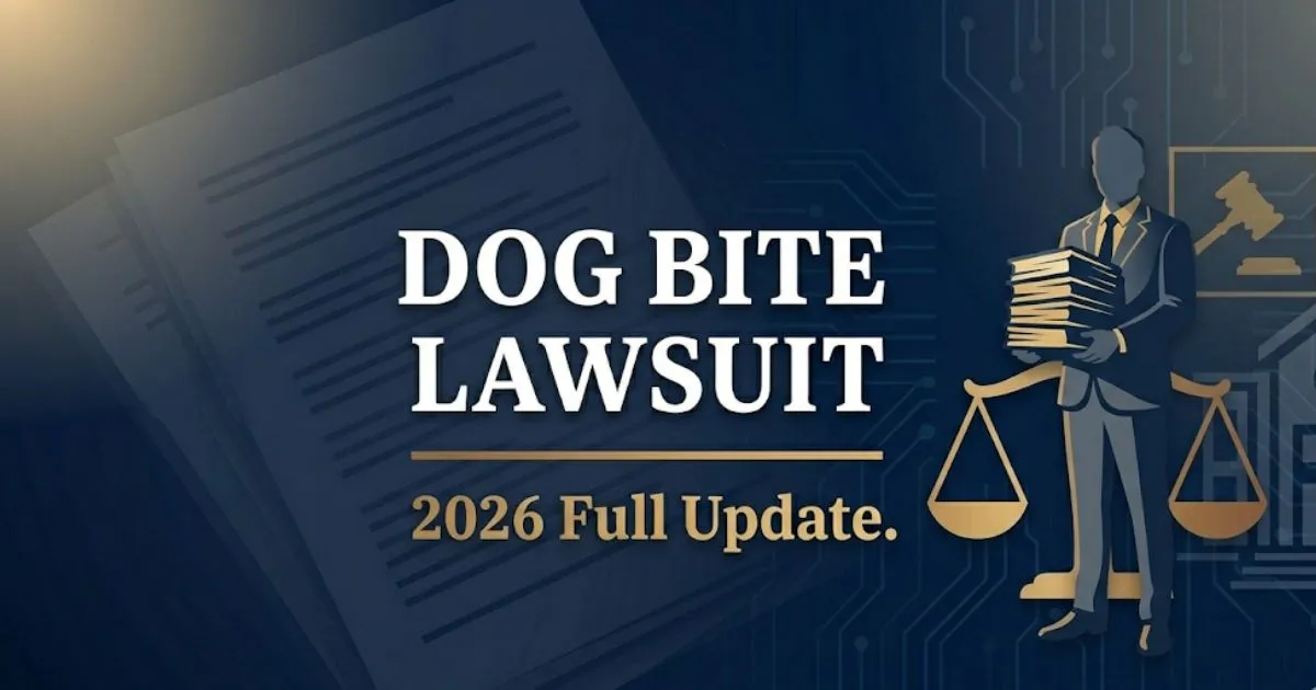 Dog bite lawsuit legal guide banner with scales of justice and bold headline text on navy background