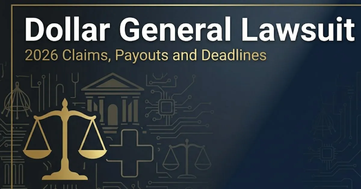 Dollar General Lawsuit 2026 hero banner with courthouse silhouette and legal scales on navy background