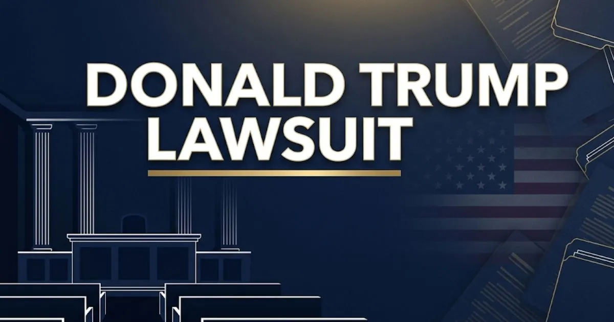 Donald Trump lawsuit 2026 editorial banner showing courtroom silhouette and bold headline text on navy background