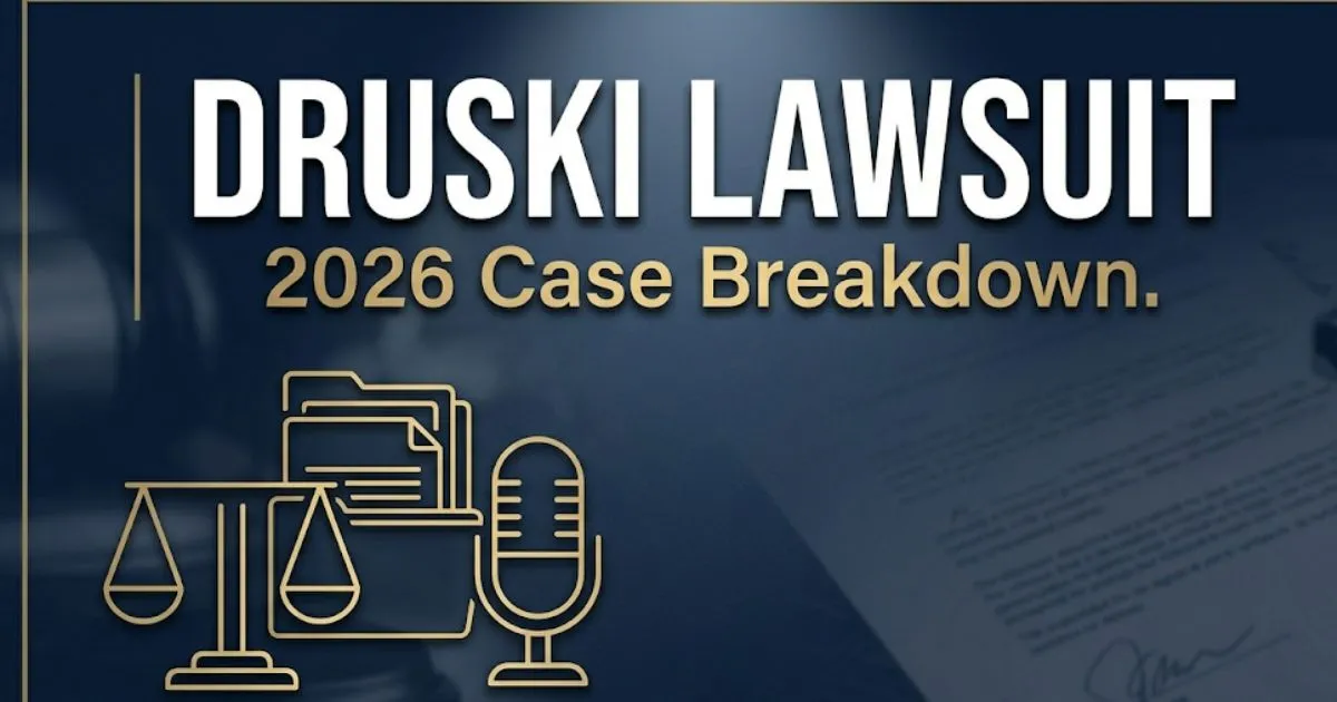 Druski lawsuit 2026 legal case breakdown banner with court scales and deep navy background