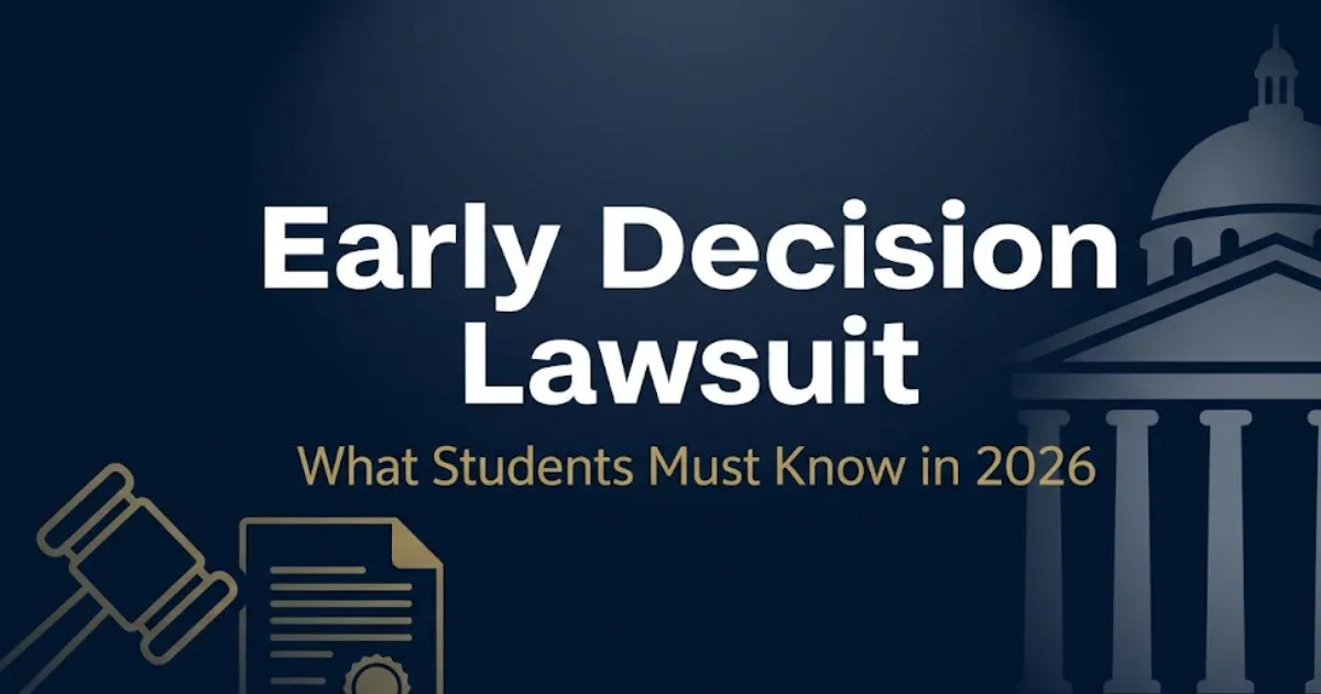 Early decision lawsuit 2026 blog banner with university silhouette, gavel icon, and bold legal headline on navy background.
