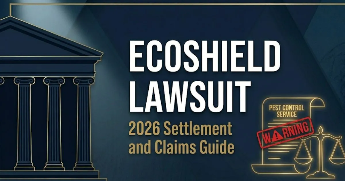 EcoShield lawsuit 2026 settlement guide banner with legal contract symbols and scale of justice icon