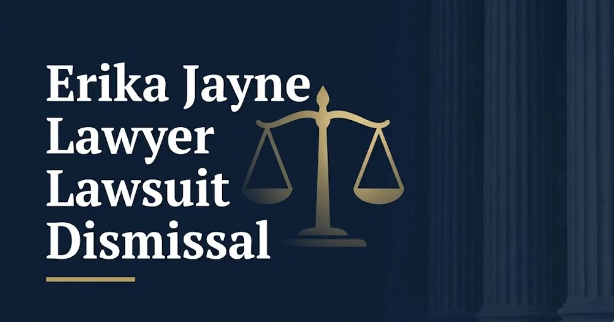 Editorial banner showing Erika Jayne lawyer lawsuit dismissal headline with legal scales icon on navy background