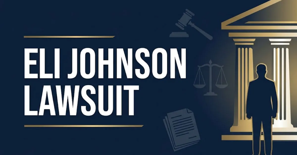 Eli Johnson Lawsuit 2026 banner with courthouse silhouette, gavel, and scales of justice on navy background