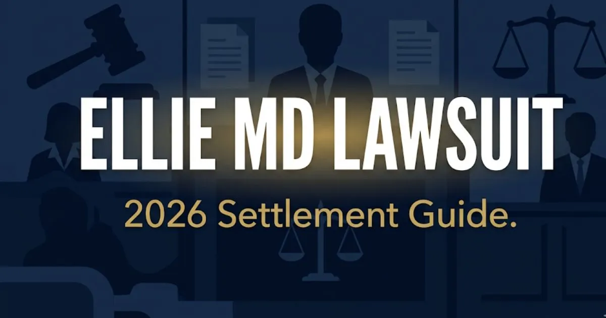 Ellie MD lawsuit 2026 settlement guide banner with gavel and legal scale icons on navy background