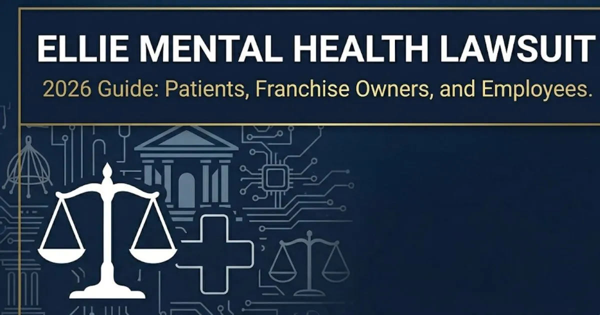 Ellie Mental Health Lawsuit 2026 guide banner showing legal scales and courthouse icons on navy background