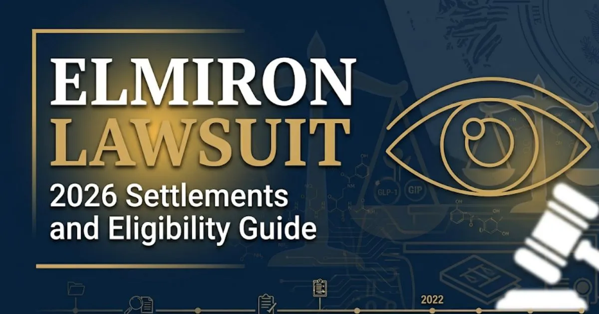 Elmiron lawsuit 2026 guide banner showing eye damage claim information with navy and gold legal design
