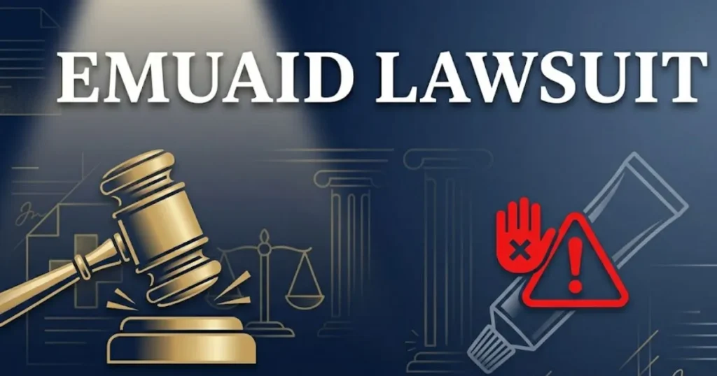 Emuaid lawsuit 2026 blog banner with gavel and legal symbols on navy background
