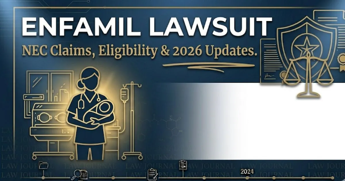 Enfamil lawsuit 2026 hero banner showing NEC legal claims eligibility and settlement information in navy and gold