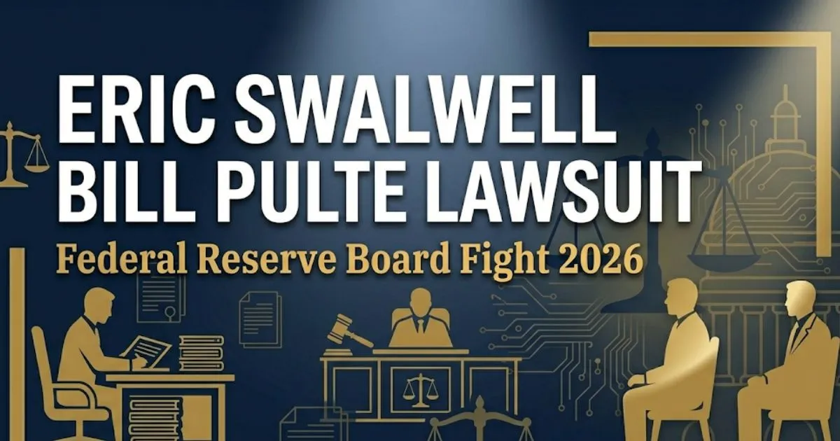 Eric Swalwell Bill Pulte lawsuit 2026 legal case hero banner with courthouse silhouette and gavel icons