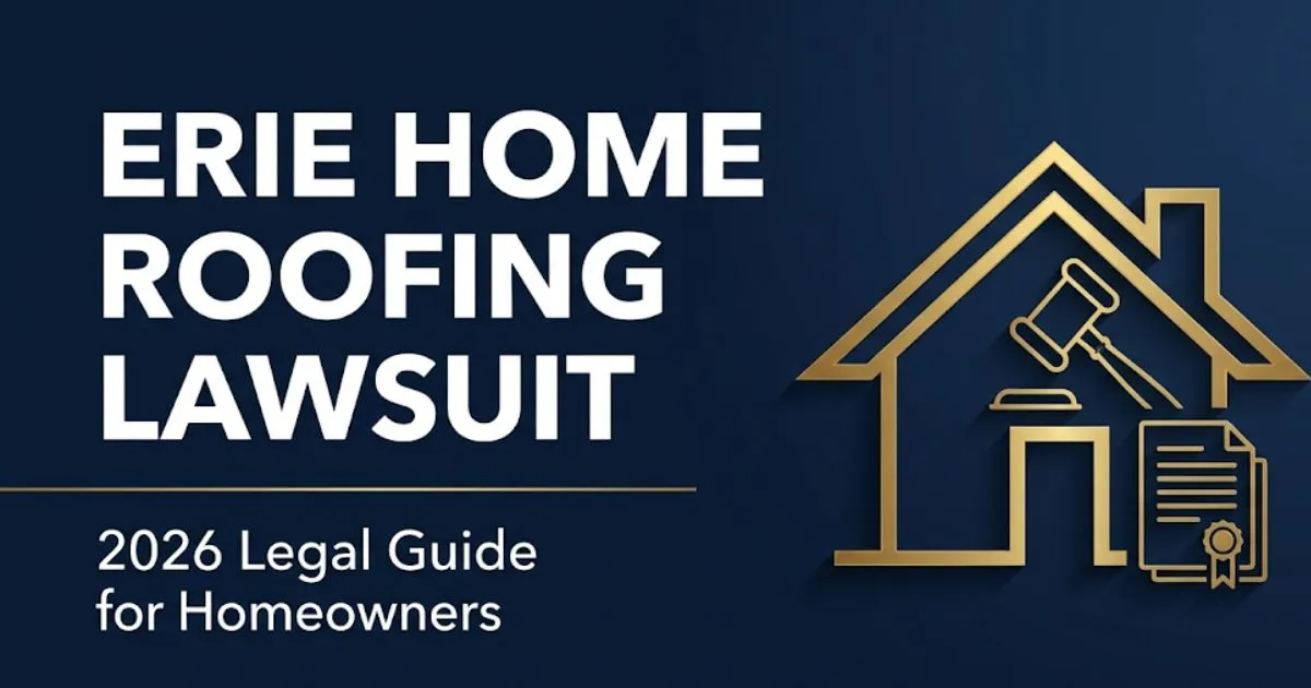 Erie Home roofing lawsuit 2026 legal guide hero banner with gavel and house silhouette on navy background