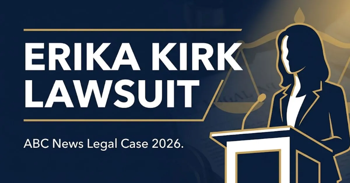 Erika Kirk Lawsuit blog banner with bold headline text, legal scales, and deep navy background for 2026 ABC News case guide.