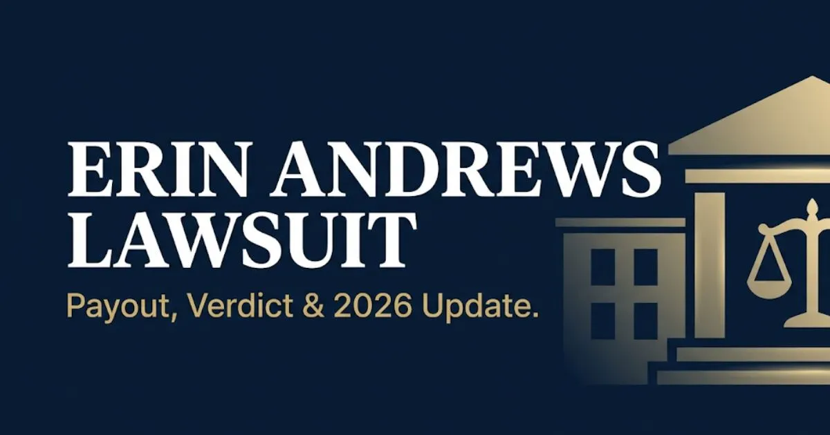 Erin Andrews lawsuit blog banner showing headline text, courthouse silhouette, and 2026 verdict update in navy and gold design